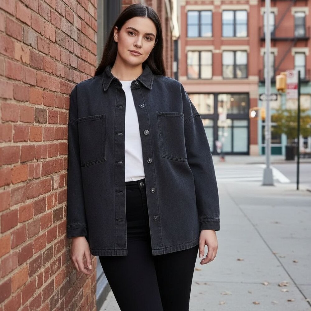 Hudson M Denim Shacket Oversized Boyfriend Button-up Cotton Jean Shirt Jacket